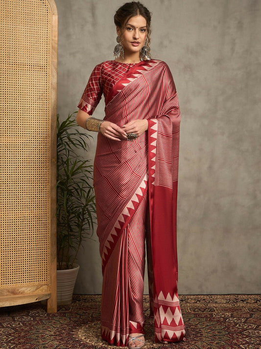 Red & Blue Striped Saree with Solid Border