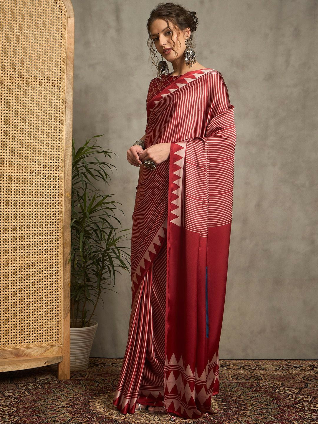 Red & Blue Striped Saree with Solid Border