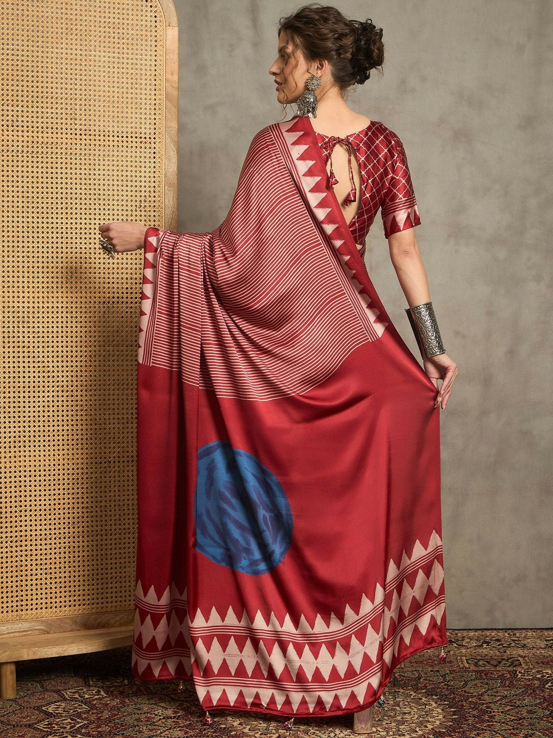 Red & Blue Striped Saree with Solid Border