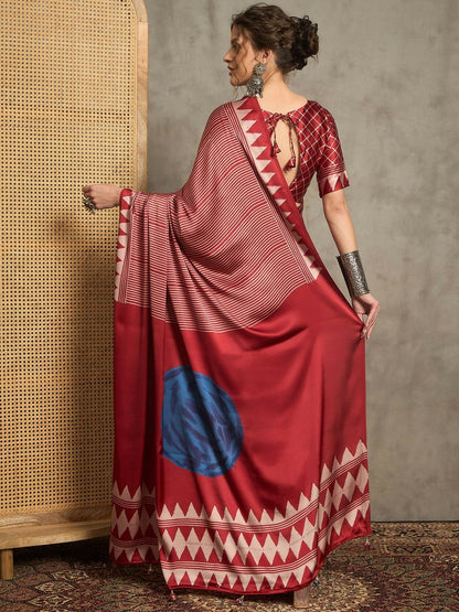 Red & Blue Striped Saree with Solid Border