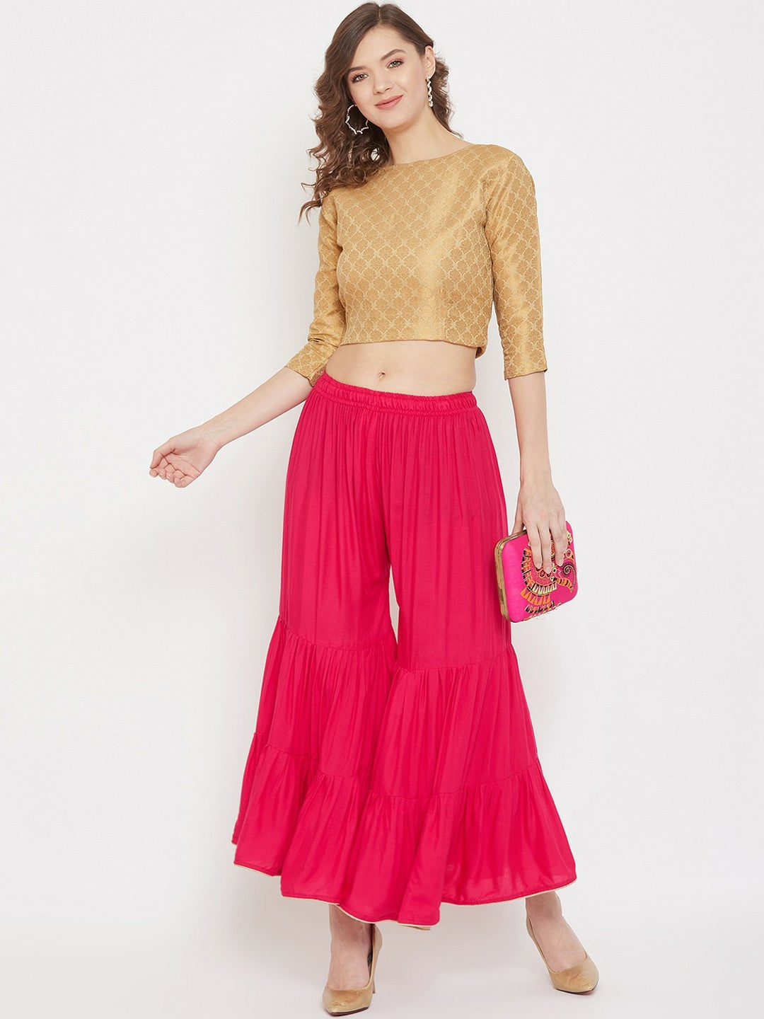 Magenta & Gold Boho Harem Pants – Flared Gypsy Peasant Palazzo for Women | Indiaista