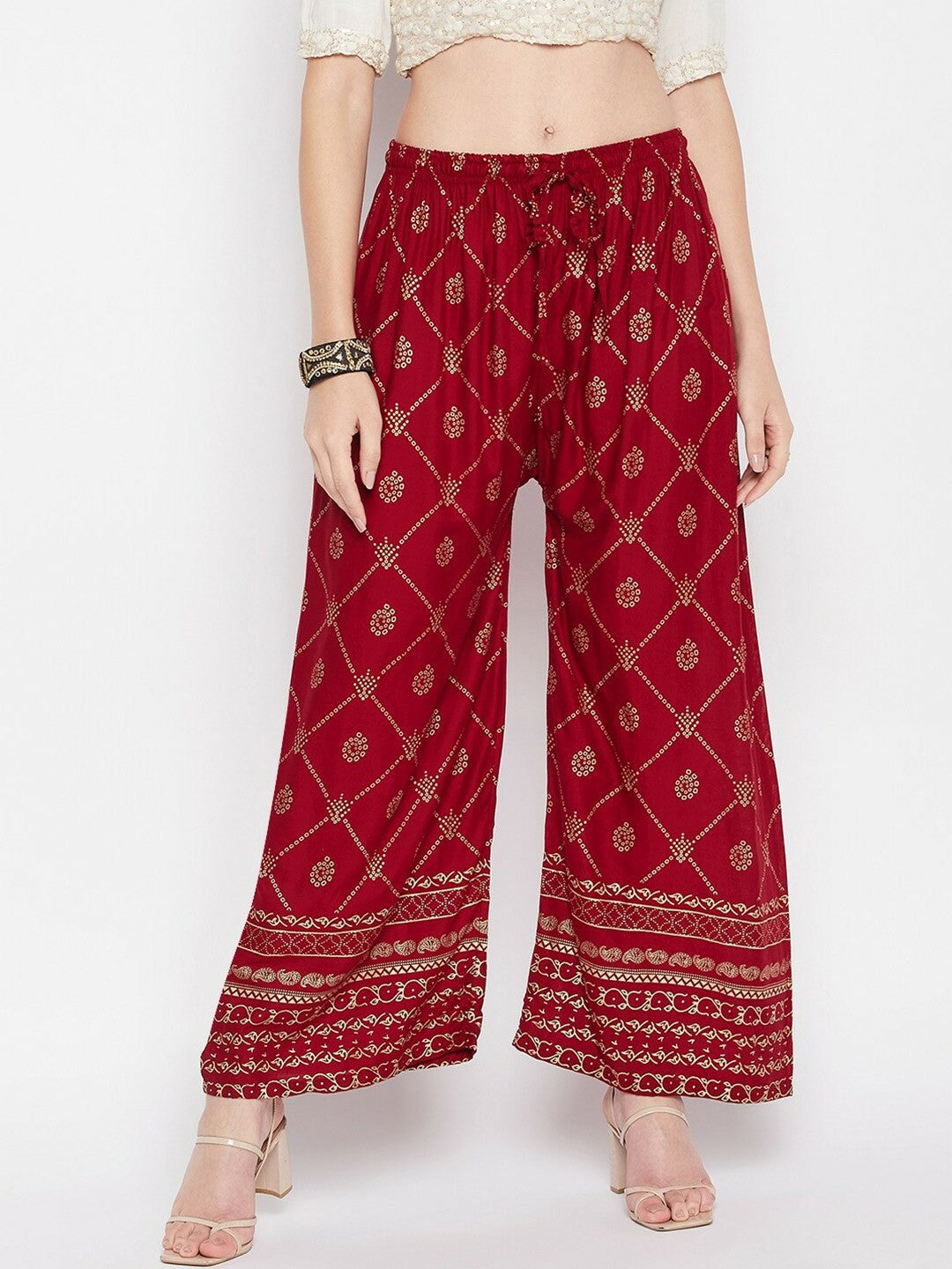 Maroon & Gold Ethnic Printed Harem Pants – Boho Gypsy Peasant Palazzo for Women | Indiaista