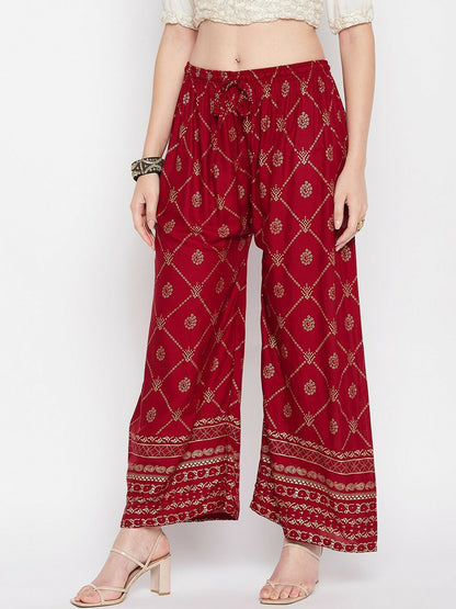 Maroon & Gold Ethnic Printed Harem Pants – Boho Gypsy Peasant Palazzo for Women | Indiaista