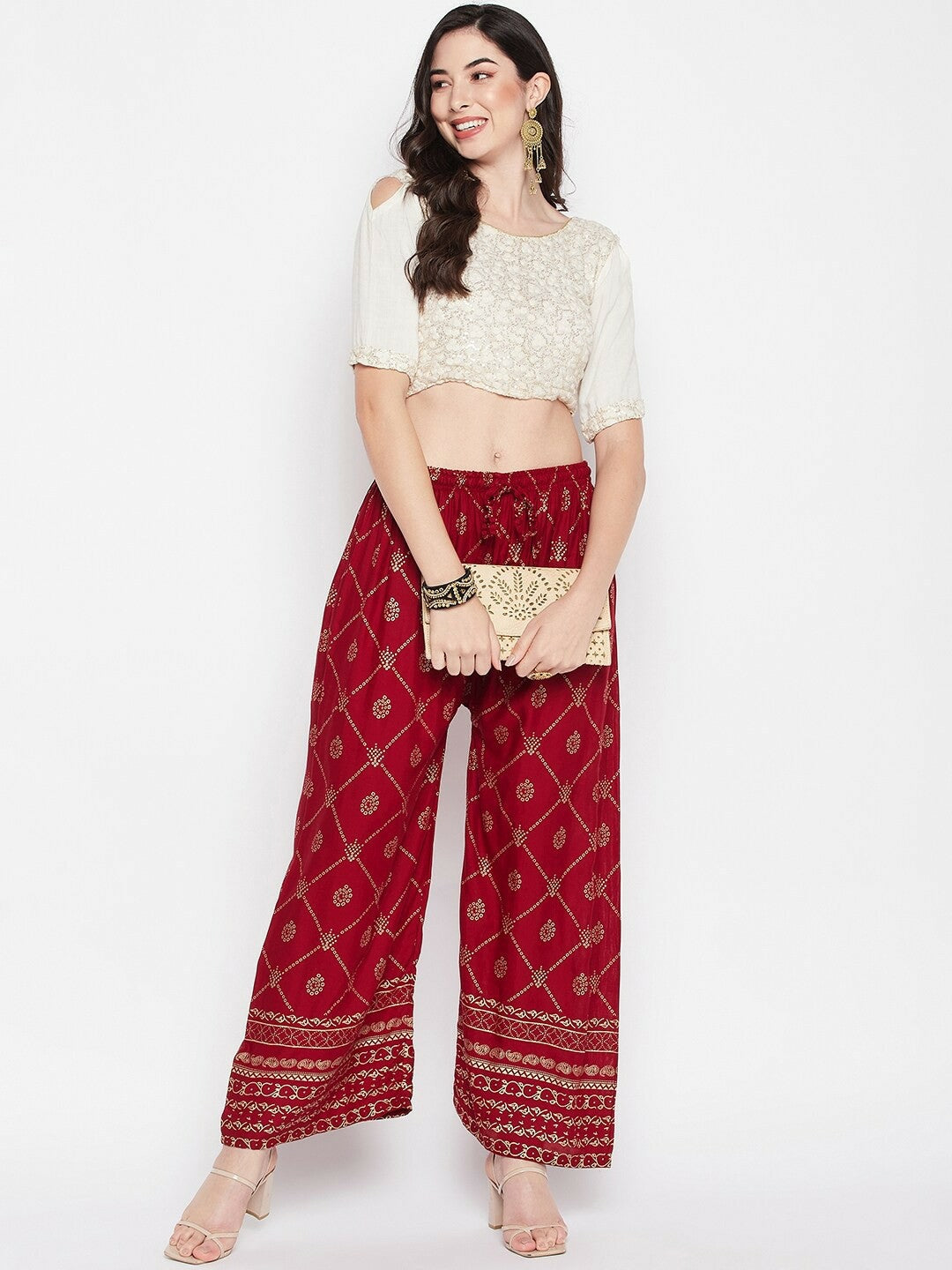 Maroon & Gold Ethnic Printed Harem Pants – Boho Gypsy Peasant Palazzo for Women | Indiaista