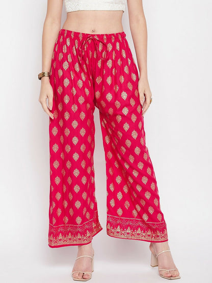 Magenta & Gold Boho Harem Pants – Ethnic Printed Viscose Palazzo for Women | Indiaista