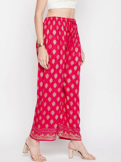 Magenta & Gold Boho Harem Pants – Ethnic Printed Viscose Palazzo for Women | Indiaista