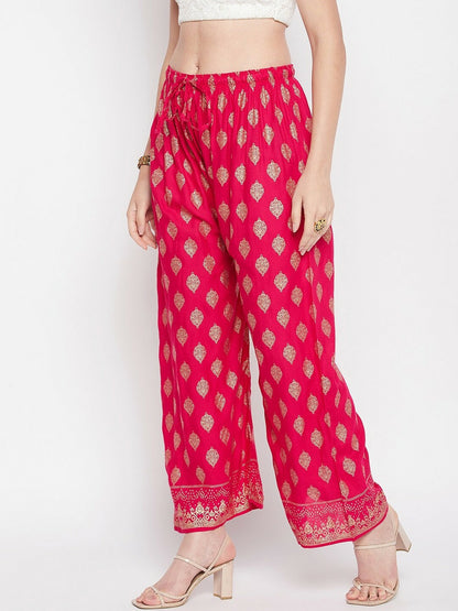 Magenta & Gold Boho Harem Pants – Ethnic Printed Viscose Palazzo for Women | Indiaista