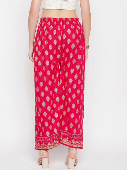 Magenta & Gold Boho Harem Pants – Ethnic Printed Viscose Palazzo for Women | Indiaista