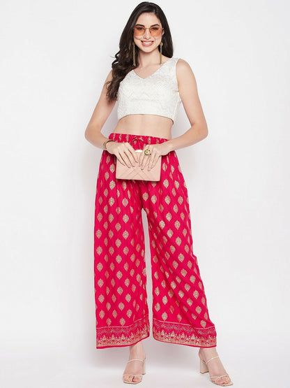 Magenta & Gold Boho Harem Pants – Ethnic Printed Viscose Palazzo for Women | Indiaista