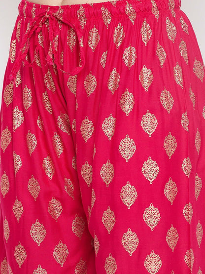 Magenta & Gold Boho Harem Pants – Ethnic Printed Viscose Palazzo for Women | Indiaista