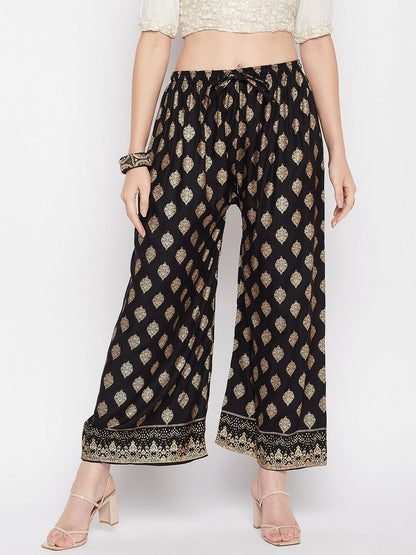 Black & Gold Boho Harem Pants – Ethnic Printed Gypsy Peasant Palazzos for Women | Indiaista