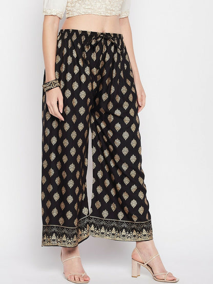 Black & Gold Boho Harem Pants – Ethnic Printed Gypsy Peasant Palazzos for Women | Indiaista