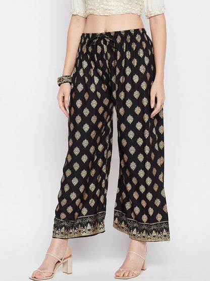 Black & Gold Boho Harem Pants – Ethnic Printed Gypsy Peasant Palazzos for Women | Indiaista