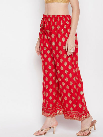 Red & Gold Ethnic Printed Harem Palazzos – Boho Gypsy Peasant Pants for Women | Indiaista