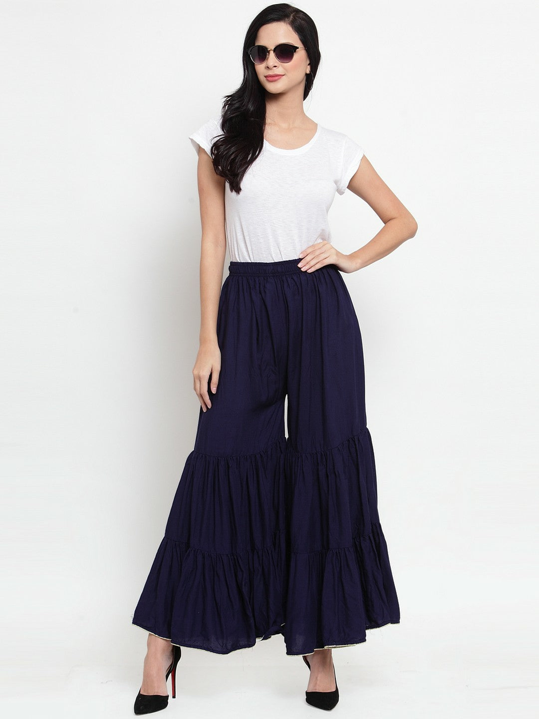 Navy Blue Boho Harem Peasant Pants – Flared Palazzo with Drawstring | Indiaista