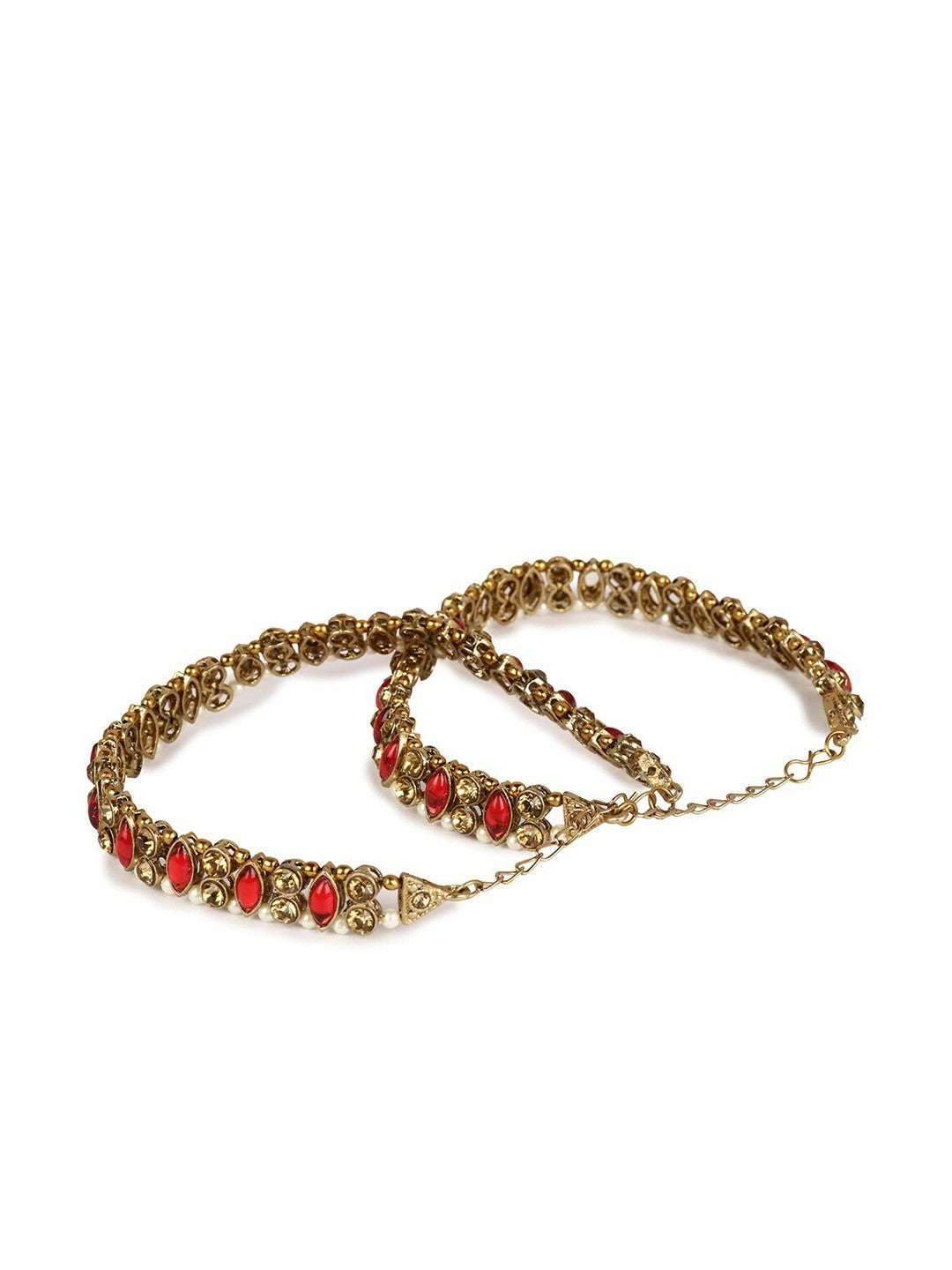 Set of 2 Red & White Kundan-Studded Pearl Anklets – Handcrafted Indian Payal for Women & Girls