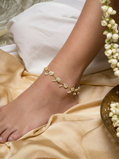 Pack of 2 Polki Anklets – Stone-Studded & Pearl Beaded Traditional Foot Jewelry