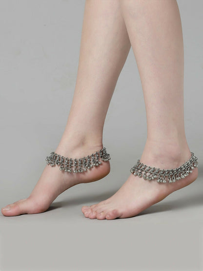 Set of 2 Silver-Plated Oxidised Anklets – Traditional Ethnic Payal for Women & Girls