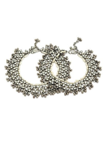 Women’s Oxidised Silver Floral Kundan Anklet – Traditional Ethnic Foot Jewelry for Weddings