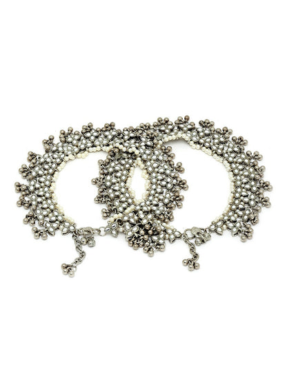 Women’s Oxidised Silver Floral Kundan Anklet – Traditional Ethnic Foot Jewelry for Weddings