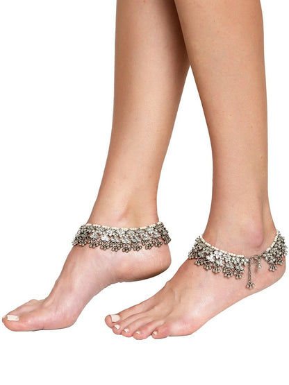 Women’s Oxidised Silver Floral Kundan Anklet – Traditional Ethnic Foot Jewelry for Weddings