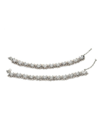 Set of 2 Silver-Plated White Oxidised Kundan-Studded Anklets for Women & Girls