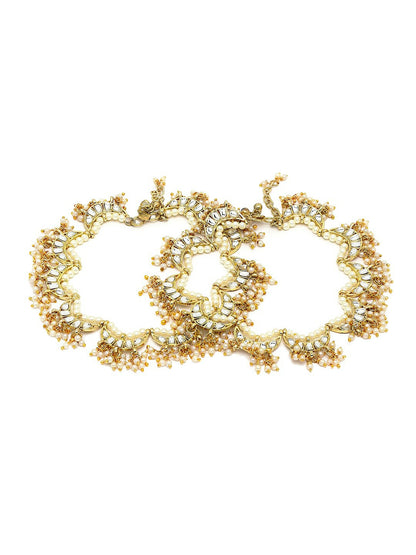 Set of 2 Gold-Plated White Kundan Anklets – Traditional Indian Foot Jewelry for Women