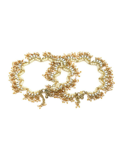 Set of 2 Gold-Plated White Kundan Anklets – Traditional Indian Foot Jewelry for Women