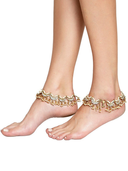 Set of 2 Gold-Plated White Kundan Anklets – Traditional Indian Foot Jewelry for Women