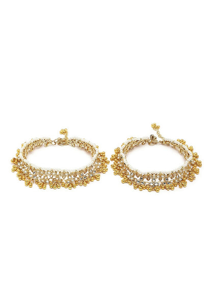 Set of 2 Gold-Plated White Kundan Anklets – Traditional Indian Jewelry for Women