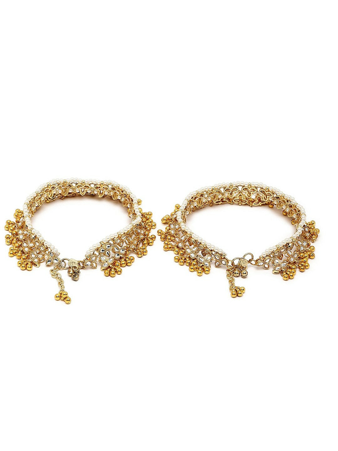 Set of 2 Gold-Plated White Kundan Anklets – Traditional Indian Jewelry for Women