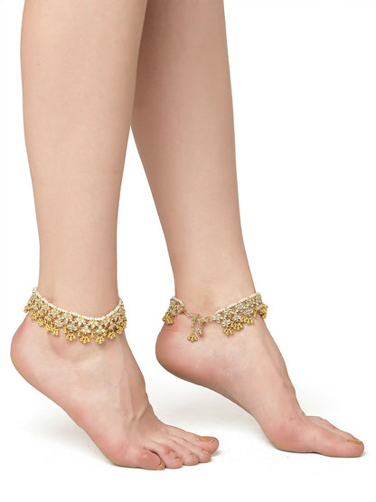 Set of 2 Gold-Plated White Kundan Anklets – Traditional Indian Jewelry for Women