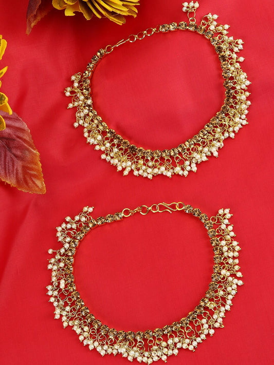 Set of 2 Gold-Plated Kundan Beaded Anklets – Traditional Indian Ethnic Jewelry