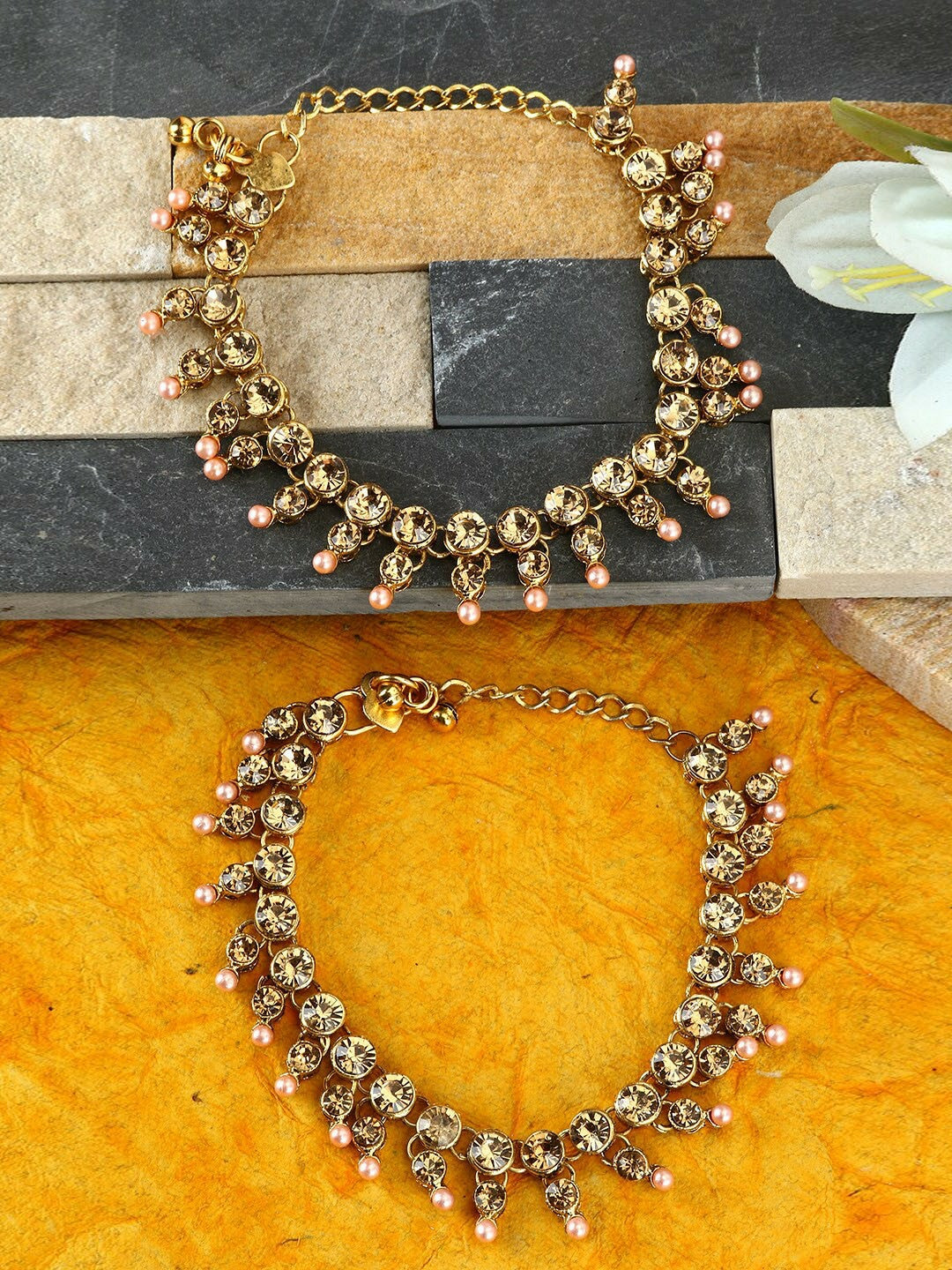 Set of 2 Gold-Plated Kundan Studded Beaded Anklets – Traditional Ethnic Foot Jewelry