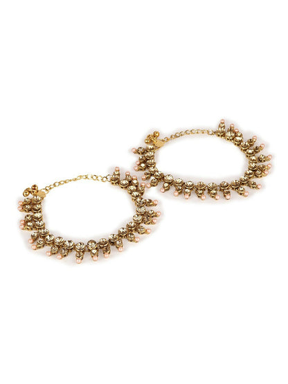 Set of 2 Gold-Plated Kundan Studded Beaded Anklets – Traditional Ethnic Foot Jewelry