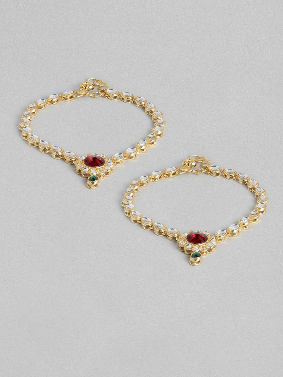 Set of 2 Gold-Plated Maroon Kundan Anklets – Traditional Indian Beaded Payal for Women