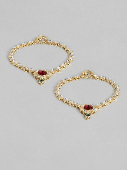 Set of 2 Gold-Plated Maroon Kundan Anklets – Traditional Indian Beaded Payal for Women