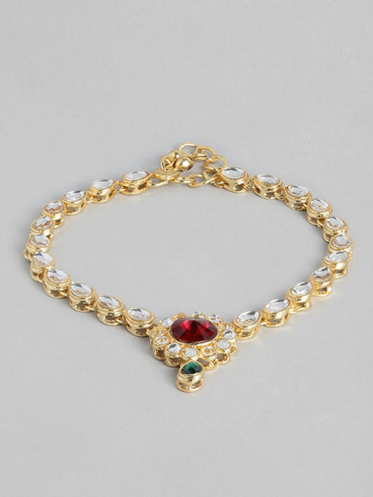 Set of 2 Gold-Plated Maroon Kundan Anklets – Traditional Indian Beaded Payal for Women