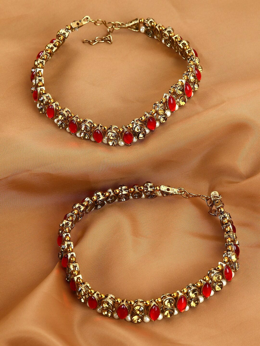 Set of 2 Red & White Kundan-Studded Pearl Anklets – Handcrafted Indian Payal for Women & Girls