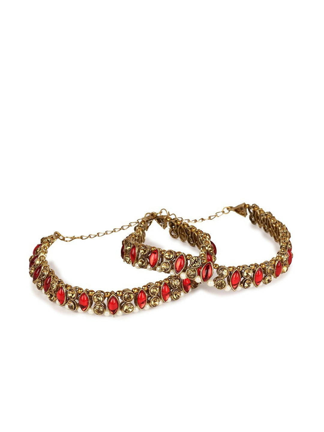 Set of 2 Red & White Kundan-Studded Pearl Anklets – Handcrafted Indian Payal for Women & Girls