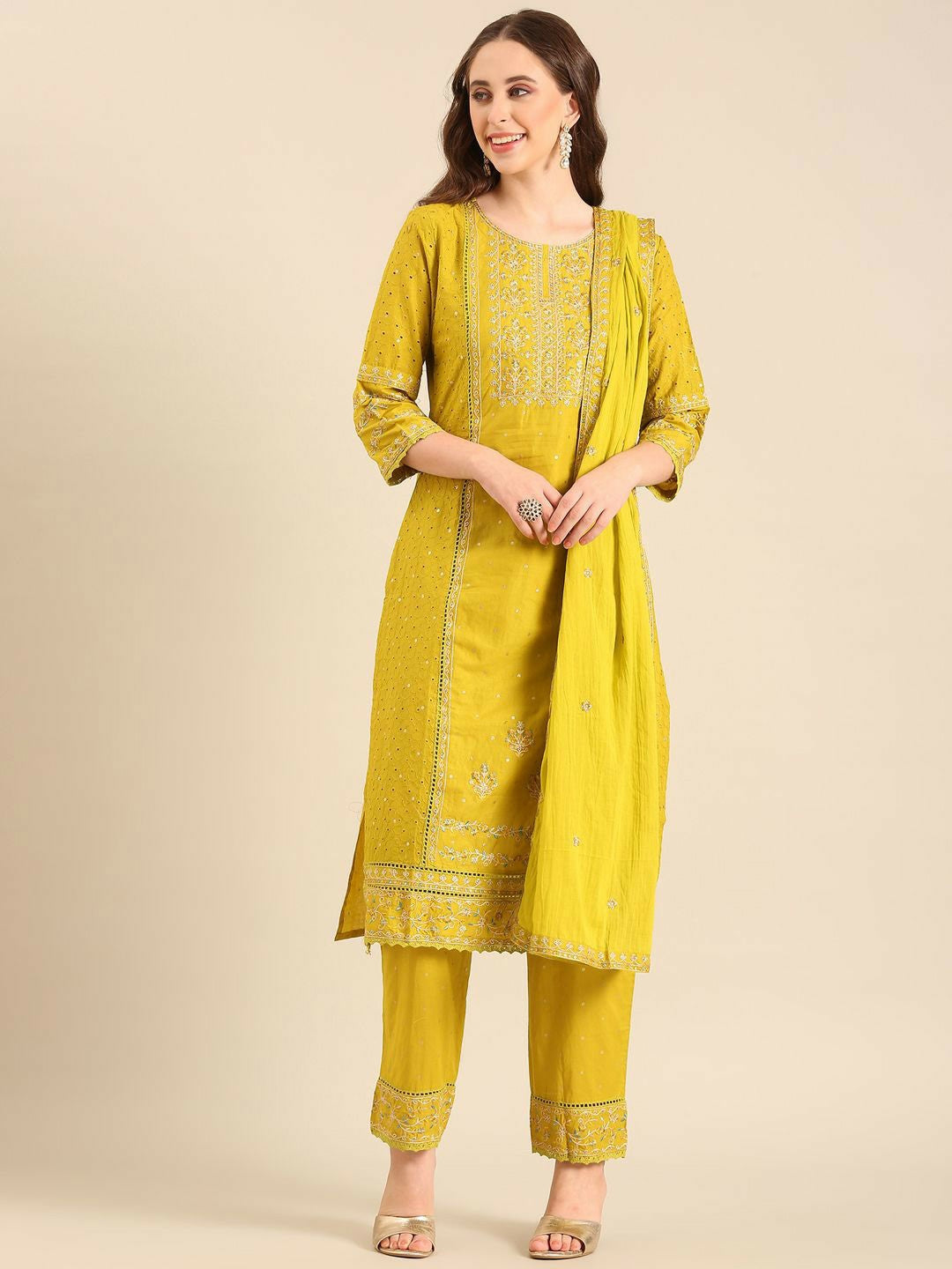 Yellow Floral Embroidered Kurta Set with Dupatta – Cotton | 3-Piece Ethnic Wear for Women