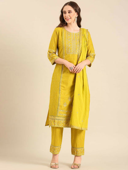 Yellow Floral Embroidered Kurta Set with Dupatta – Cotton | 3-Piece Ethnic Wear for Women