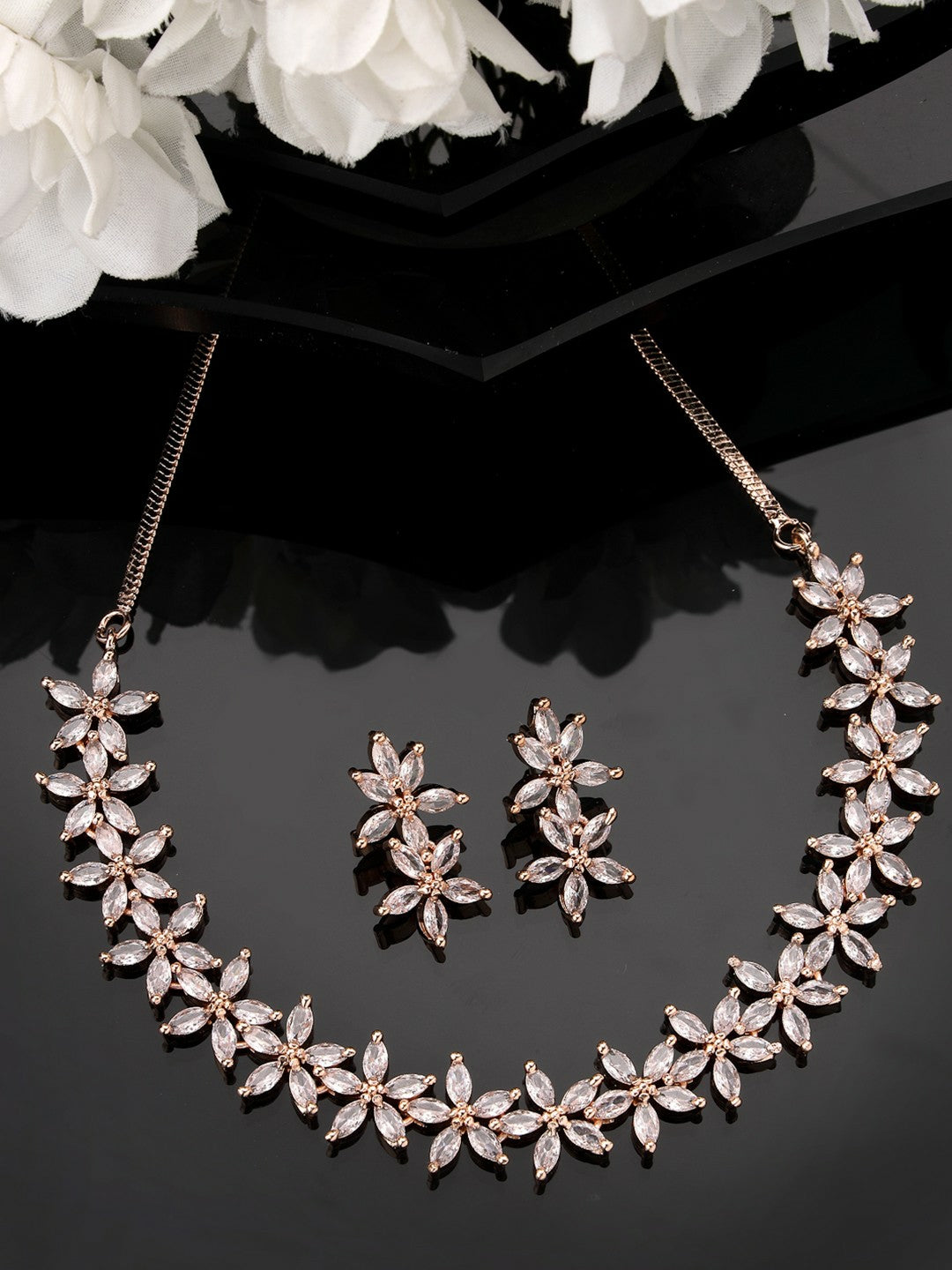 Women Gold Plated CZ Stone Handcrafted Choker Necklace Set with Earrings