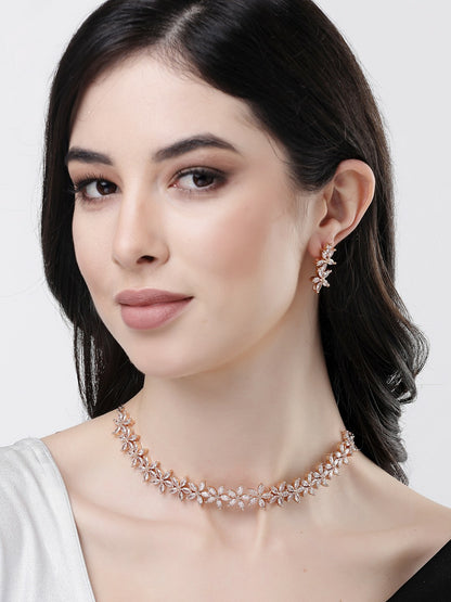 Women Gold Plated CZ Stone Handcrafted Choker Necklace Set with Earrings