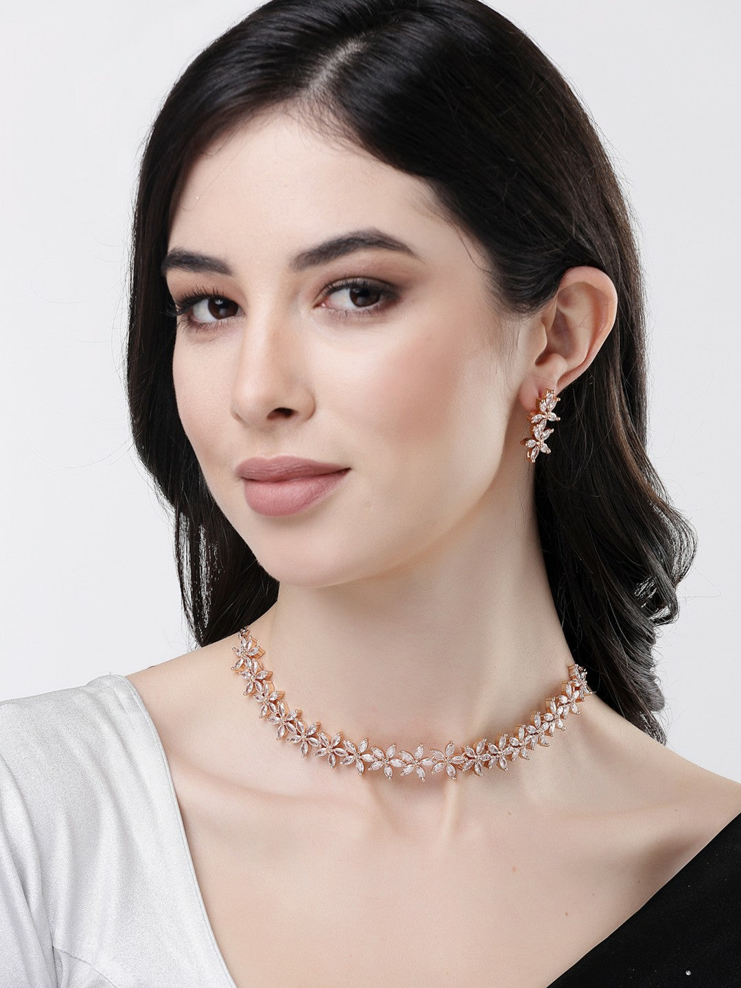 Women Gold Plated CZ Stone Handcrafted Choker Necklace Set with Earrings