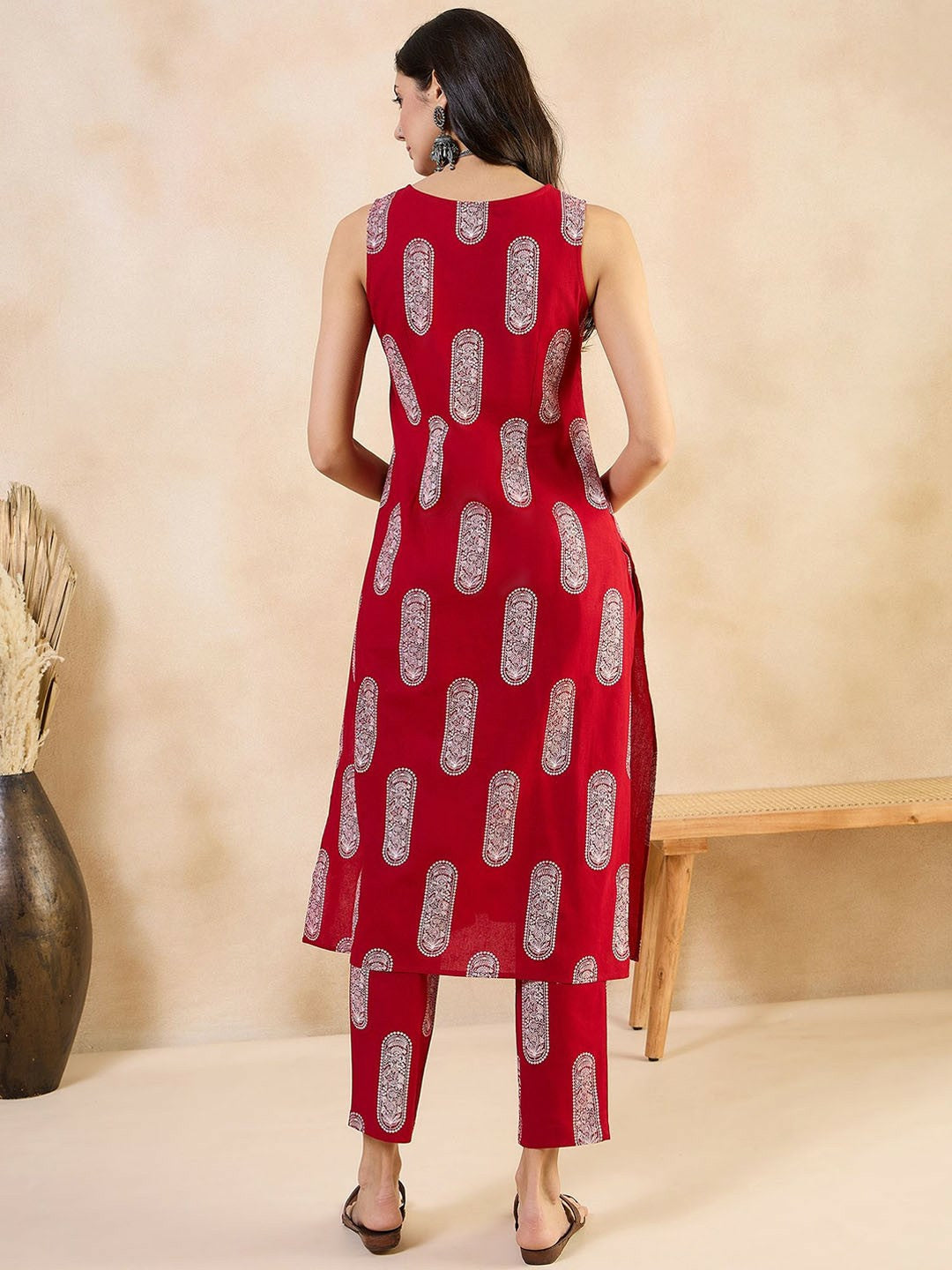Red Ethnic Motif Printed Boat Neck Kurta with Trousers