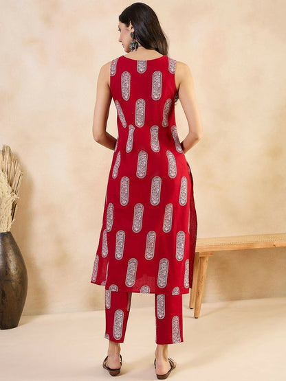 Red Ethnic Motif Printed Boat Neck Kurta with Trousers