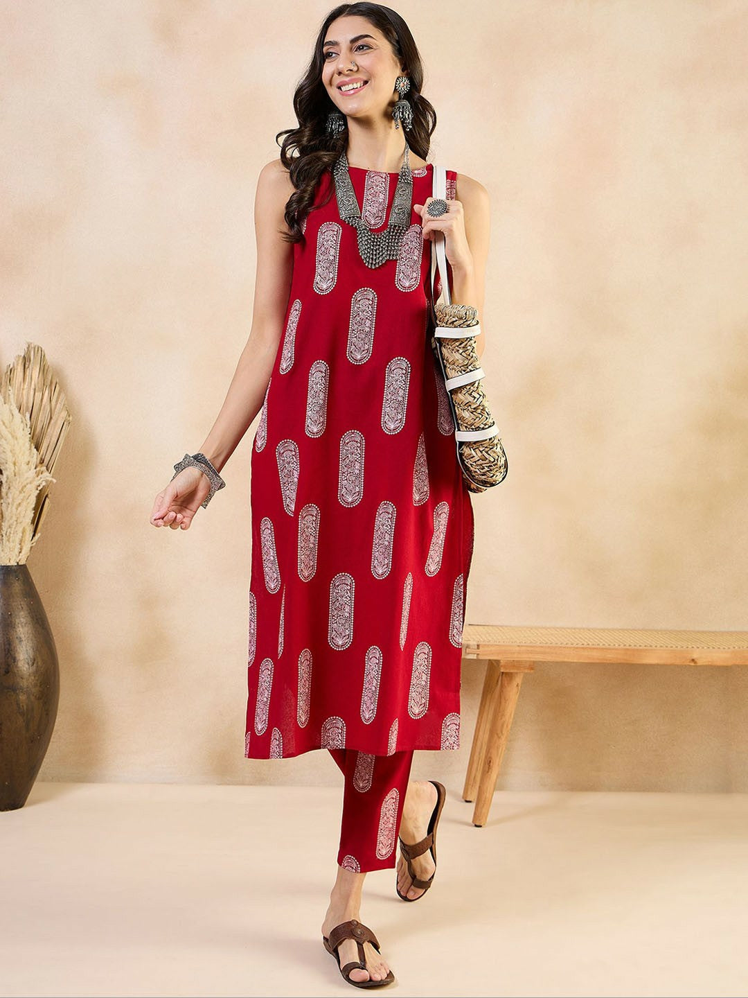 Red Ethnic Motif Printed Boat Neck Kurta with Trousers
