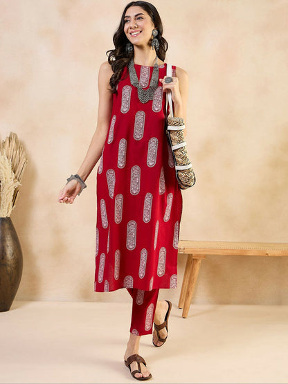Red Ethnic Motif Printed Boat Neck Kurta with Trousers