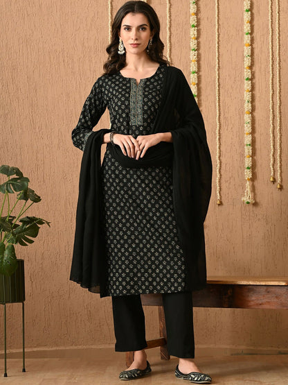 Black Ethnic Motif Kurta with Printed Trousers & Dupatta